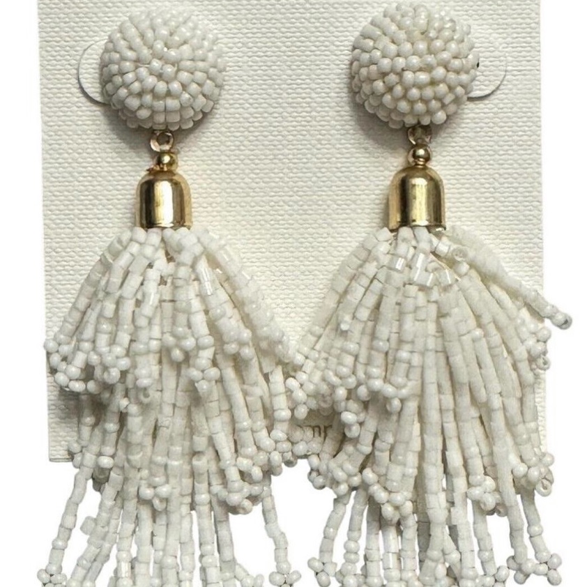 Panacea White Beaded Tassel Earrings New 3 Long White Iridescent Glass Beads 18$